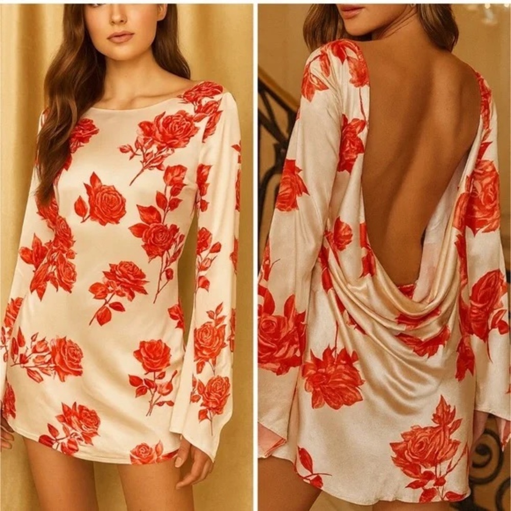 Meshki Cream Mini Dress with Red Rose Print and Backless Drape